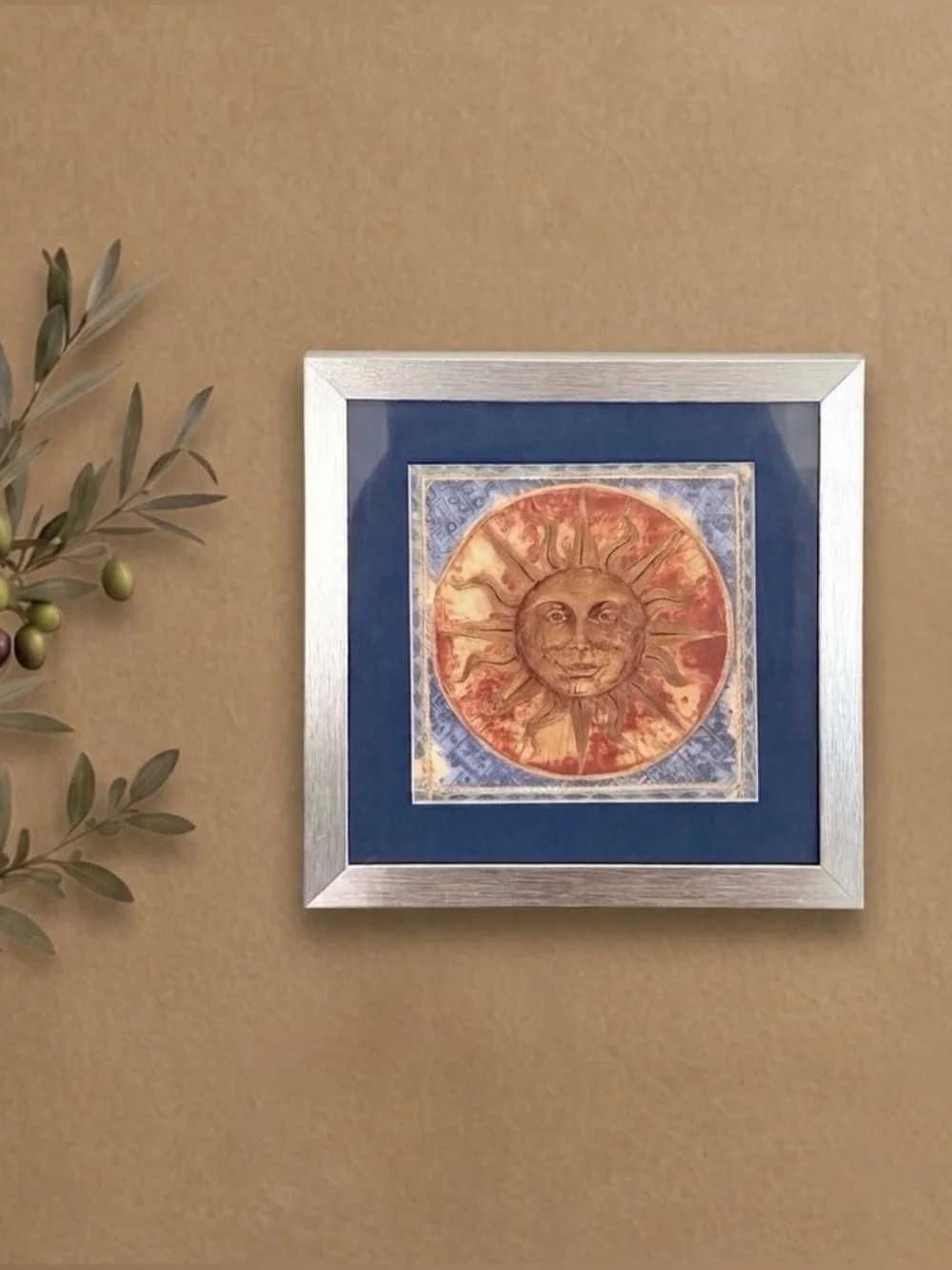 Vintage 90’s Celestial Sun Wall Hanging Art Blue Matted Silver Framed Boho 9.5”